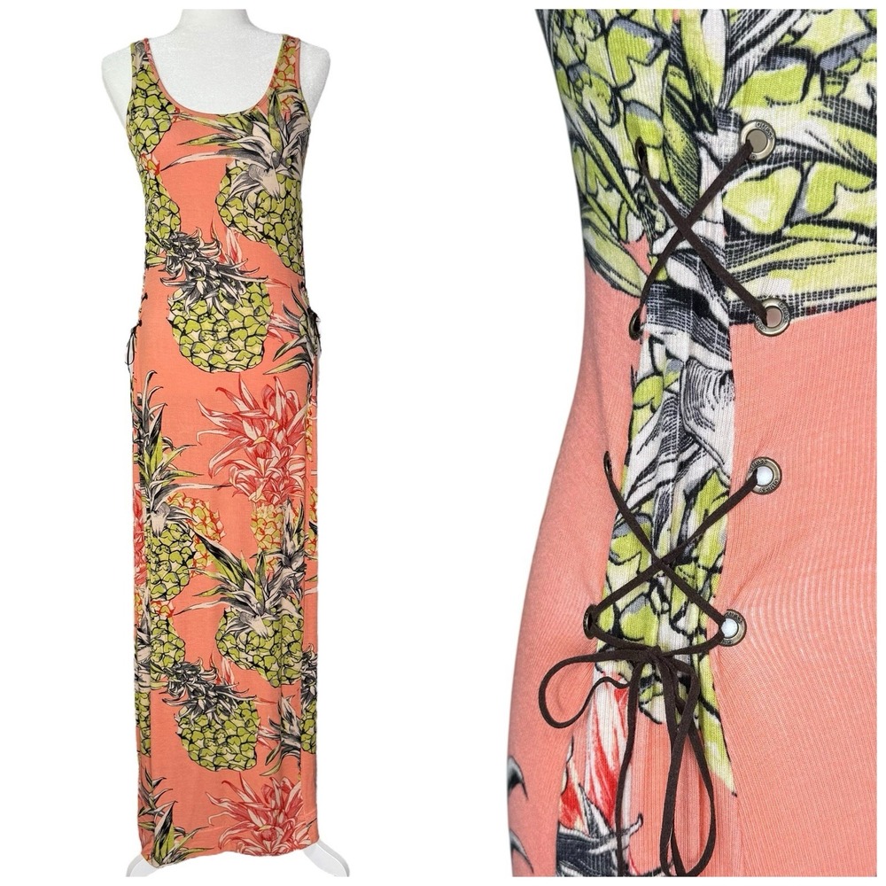 Y2K Guess Dress Small Maxi Lace Up Bodycon Hawaiian‎ Beach Tropical Pineapple